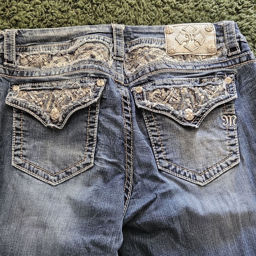 Miss Me Blue Boot Cut Jeans with Ornate Embellishments